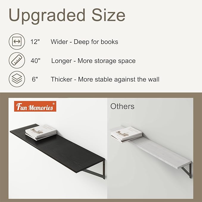 Fun Memories 40 Inch Floating Shelves, 12 Inch Deep Wall Shelf, 40 x 12 Floating Shelf Set of 2, Black Wood Floating Shelf Wall Mounted, Large Kitchen Living Room Bedroom Storage Shelves