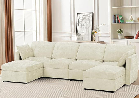 110” Chenille 4 Seats Sofa W/2 Movable Ottoman, Modern Fabric U-Shaped Couch with Soft Backrest, Upholstered Sectional Sofa with Armrest Pillows for Living Room, Office, Beige