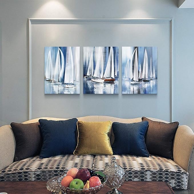 3 Piece Framed Canvas Wall Art For Living Room Bathroom Bedroom Wall Art Decor Ocean Landscape Sailboat Abstract Canvas Painting Ready To Hang Office Home Decoration Sea Poster Pictures Wall Artworks