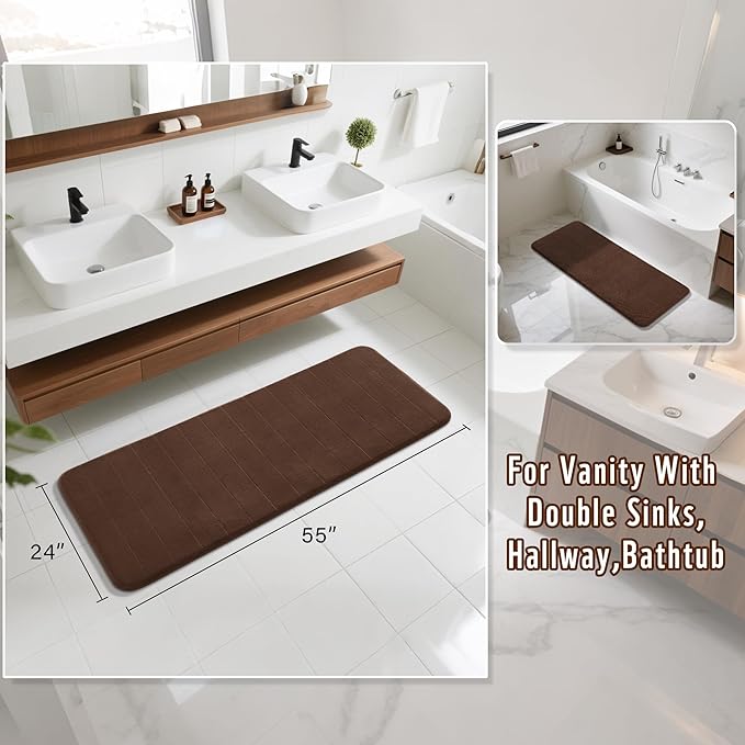 Yimobra Bathroom Runner 55"x24", Non Slip Memory Foam Bath Mat, Super Soft Water Absorbent Hallway Carpet, Machine Washable Rug for Vanity Tub Shower, Brown