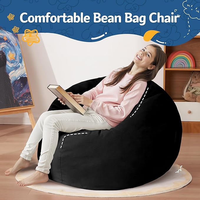 Homguava 2FT Bean Bag Chair: 2' Bean Bags with Memory Foam Filled,Comfy Beanbag Chairs Round Bean Bag Sofa with Dutch Velvet Cover-Black