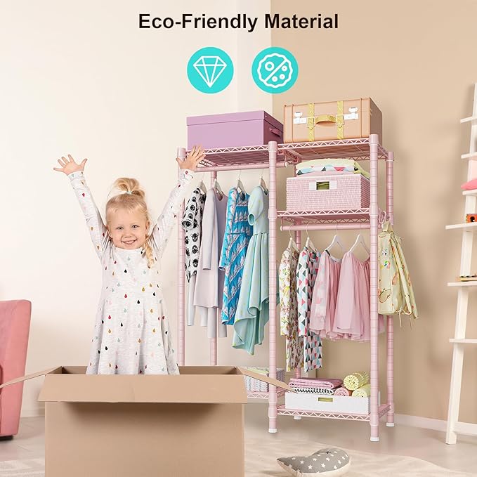 Ulif F1 Clothes Rack for Kids, Baby, Students, and Children's Room, 4 Tiers Portable Metal Closet Clothing Rack, Small Garment Rack with 2 Hanging Rod, 31.2" W x 11.8" D x 48" H, Pink