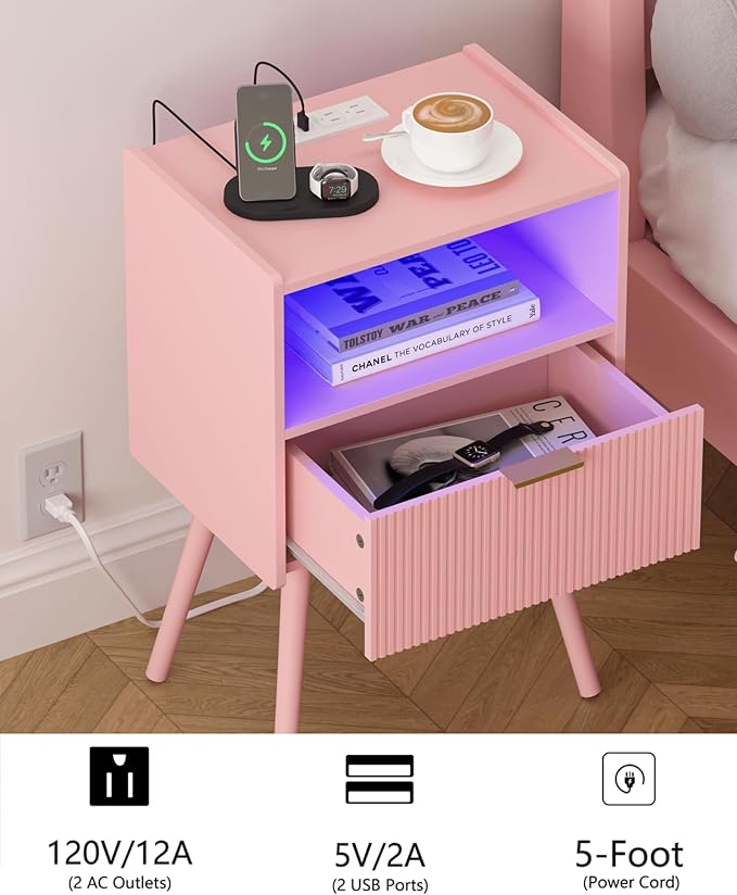 Pink Nightstand, Modern Bedside Table with Charging Station and LED Lights