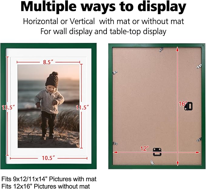 KINLINK 12x16 Picture Frame Green, Solid Wood Frames with Acrylic Plexiglass for Pictures 11x14/9x12 with Mat or 12x16 without Mat, Wall Display Photo Frame, Set of 4