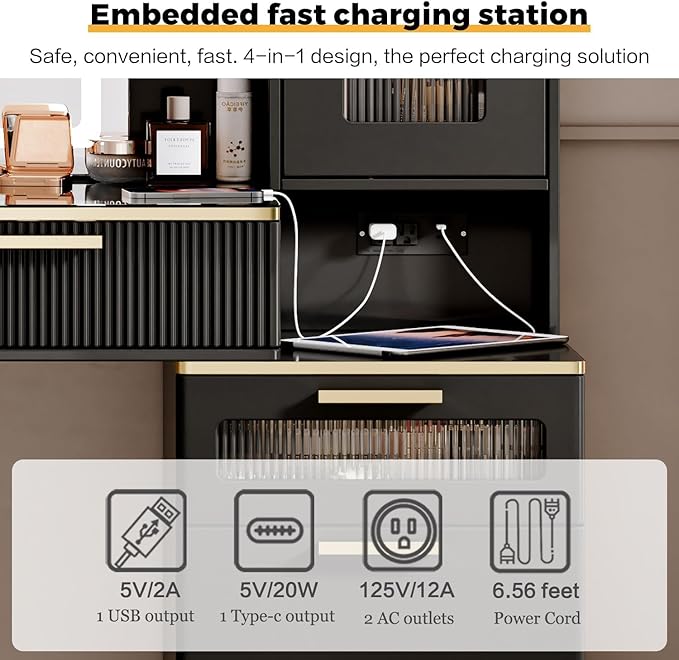 47.24" Big Modern Vanity Desk with Mirror and Lights, Vanity Desk with 29.53" HD Lighted Mirror, Makeup Vanity with 5 Drawers and Storage Shelves and Charging Station, Black2