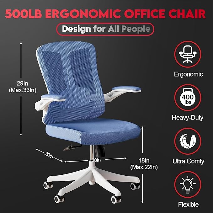 Ergonomic Office Chair - Comfy Desk Chairs with Wheels and Arms, 400LB Heavy Duty Mesh Computer Chairs with Comfortable Lumbar Back Support for Home Office, Bedroom, Study and College Dorm