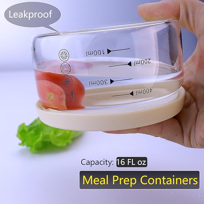 16 oz Glass Food Storage Containers - Clear, Meal Prep Containers, Freeze Bowls, Microwave Safe (2pcs)
