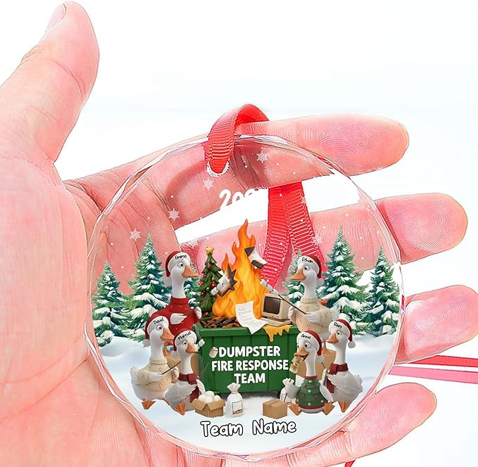 NAZENTI Personalized Funny Goose Fire Response Team Glass Ornament, Custom Flaming Dumpster Holiday Piece, Coworker Christmas Tree Hanging Decoration