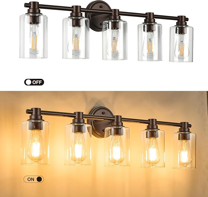 Bathroom Light Fixtures Wall Sconce Light with Clear Glass Oil Rubbed Bronze 5 Lights Bathroom Lighting Over Mirror Vanity Lights for Living Room,Bedroom,Restroom,Hallway E26 Base