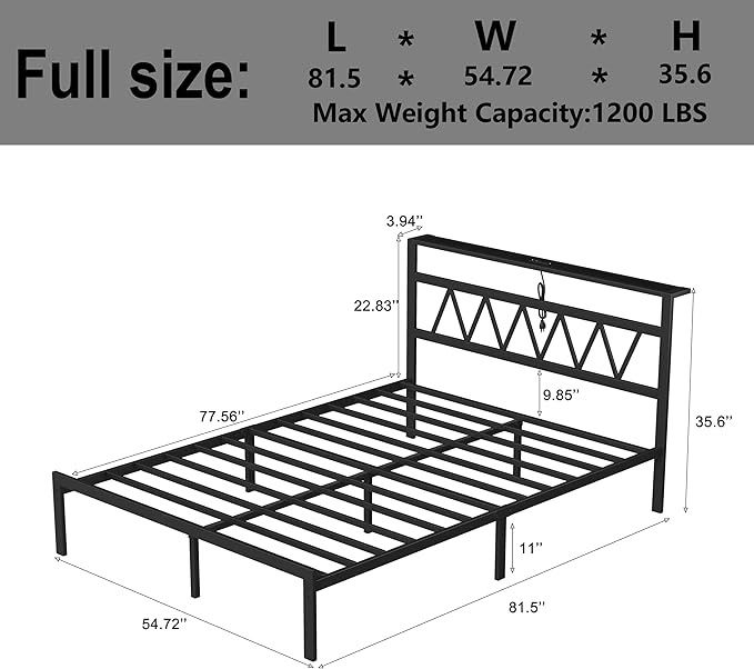 Full Bed Frame with Smart LED Lights, Storage Headboard and USB Charging Station,Heavy Duty Wooden Slats, No Box Spring Needed, Noise Free, Easy Assembly (Classic Black, Full)