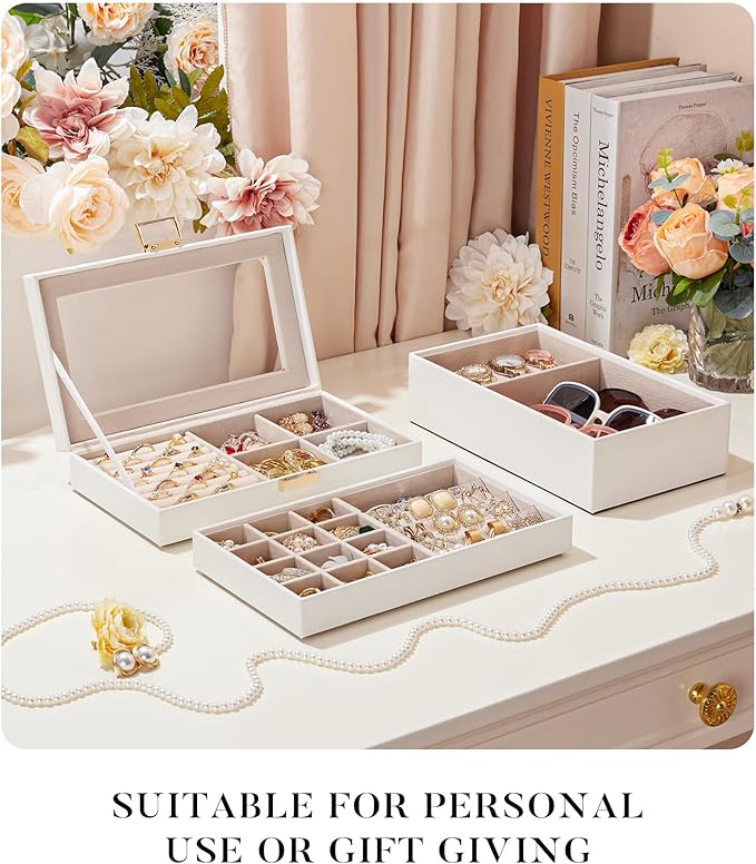 Homde Jewelry Tray Stackable Jewelry Box with Glass Lid, Removable Dividers for Vanity Table Gift Idea for Girls and Women (White)