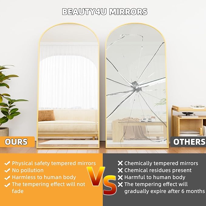 Beauty4U 79" x 39" Large Arched Full Length Mirror with Stand, Metal Frame Gold Wall Mounting Full Body Tempered Mirror for Living Room, Bedroom