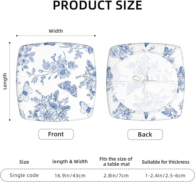 Seat Covers for Dining Room Chairsset of Set of 4, Blue White Floral Butterfly Flower French Stretch Chair Seat Covers Cushion Slipcovers for Kitchen Office
