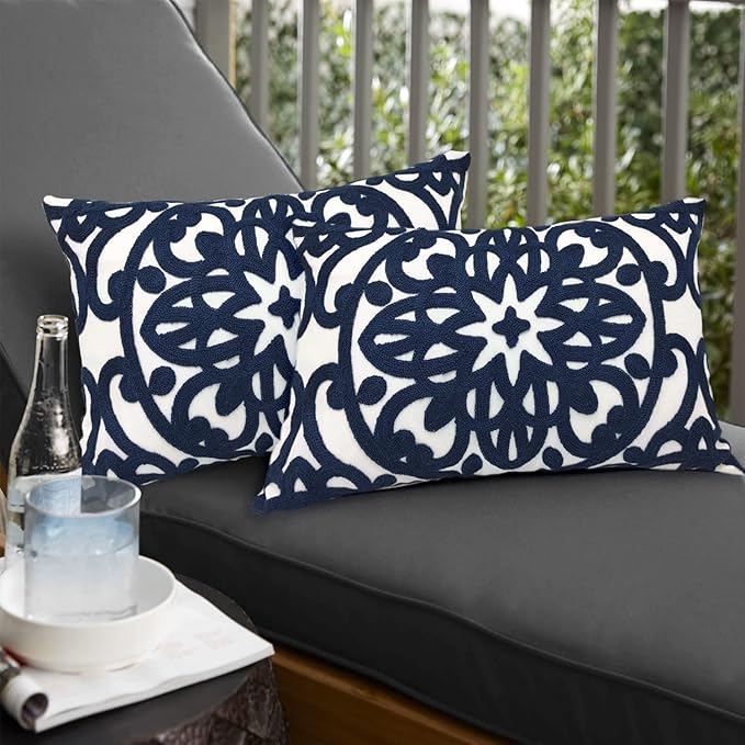 Alysheer Embroidered Lumbar Decorative Throw Pillow Covers 12"x 20" Set of 2, Classic Boho Mandala Embroidery Pattern Cotton Rectangular Cushion Case for Sofa Couch Living Room Bedroom(Navy Blue)