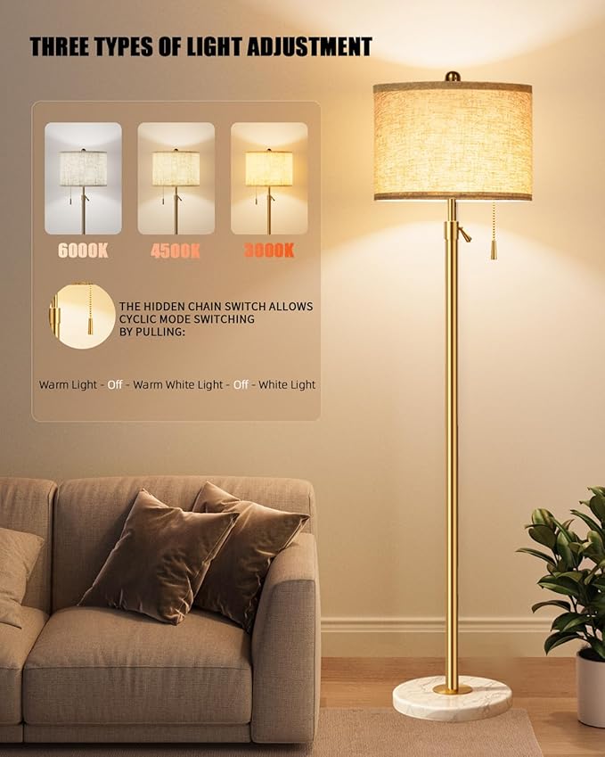 Modern Floor Lamp for Living Room - Adjustable Height Standing Lamp with Marble Base & Linen Shade, 3-Way Dimmable Tall Floor Light for Bedroom, Reading, Bulb Included