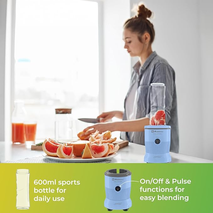 Koblenz Mix&Shake Blender, 20 oz Portable Blender, 600W Motor, Pulse, ON/OFF Functions, Stainless Steel Blades, Shakes, Sauces, Smoothie Maker, (1) 20 oz To-Go Bottle, Blue, MSKM-600 A