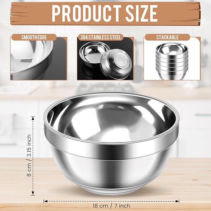 20 Pack 304 Stainless Steel Bowls Set 34oz Metal Double Walled Insulated Snack Mixing Lightweight Multipurpose Toddler Dinner Bowls for Ice Cream, Cereal, Snack