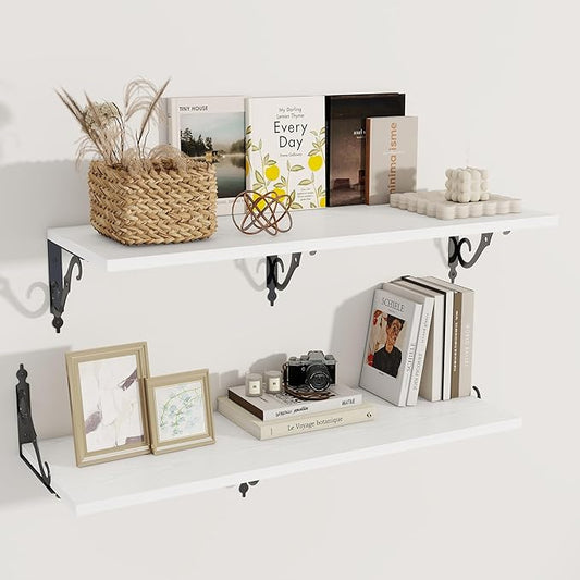 Deep Floating Shelves, 36" W x 12" D Wall Shelves Set of 2, Wide Display Shelf Wall Mounted with Brackets, Bookshelf for Living Room, Bathroom, Bedroom, White