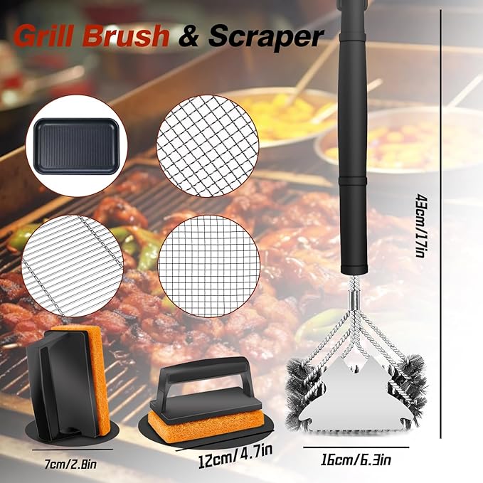 Professional Grill Brush and Scraper Kit - Heavy Duty BBQ Grill Cleaner Brush with Stainless Steel Scrubber, Outdoor Grill Cleaning Tools for Home, Restaurant & Commercial Use