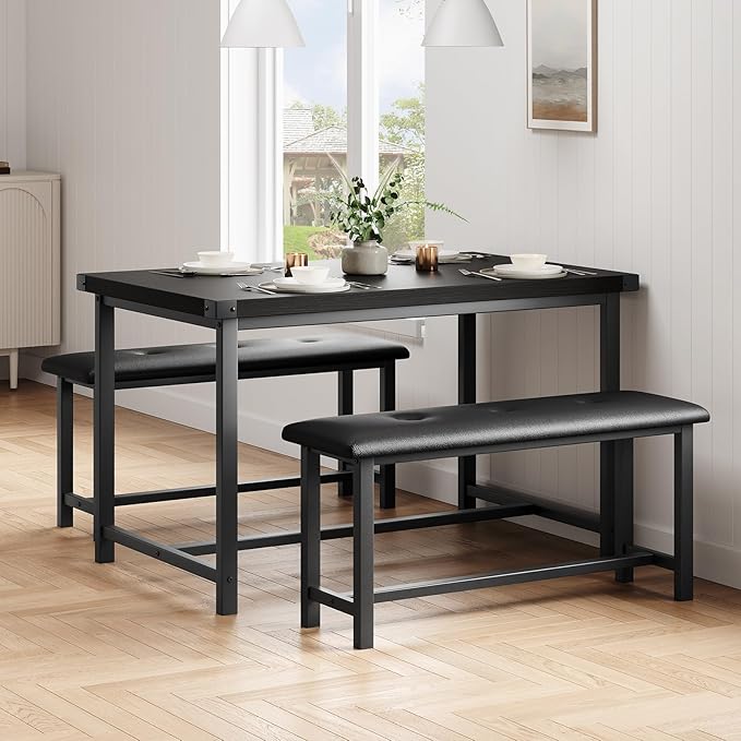 Dining Table Set for 4, Dining Room Table Set with 2 Upholstered Benches, Small Kitchen Table Set, 3 Piece Farmhouse Rectangular Dining Room Table Set, Space Saving Dining Table for Apartment