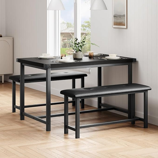 Dining Table Set for 4, Dining Room Table Set with 2 Upholstered Benches, Small Kitchen Table Set, 3 Piece Farmhouse Rectangular Dining Room Table Set, Space Saving Dining Table for Apartment