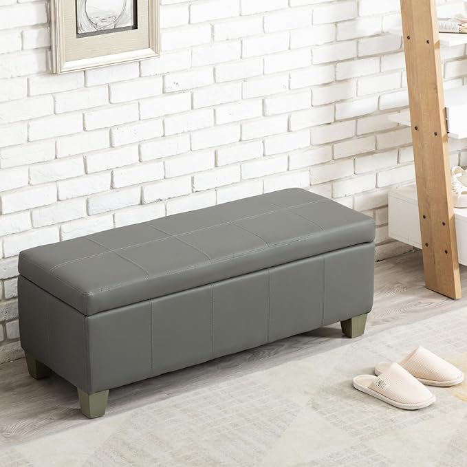 Grey Faux Leather Ottoman with Storage, Rectangular Extra Long Storage Bench for Bedroom and Living Room