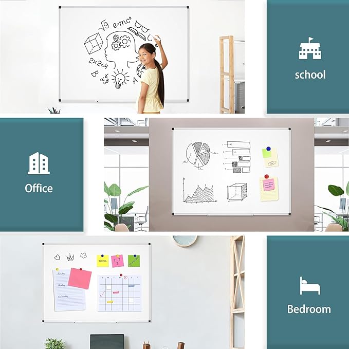 Magnetic Dry Erase Whiteboard - 46 x 33 Inch White Board - 4 x 3 Large Wall-Mounted Board with Silver Aluminum Frame, 1 Magnetic Eraser, 2 Pens, Detachable Marker Tray, 6 Magnets