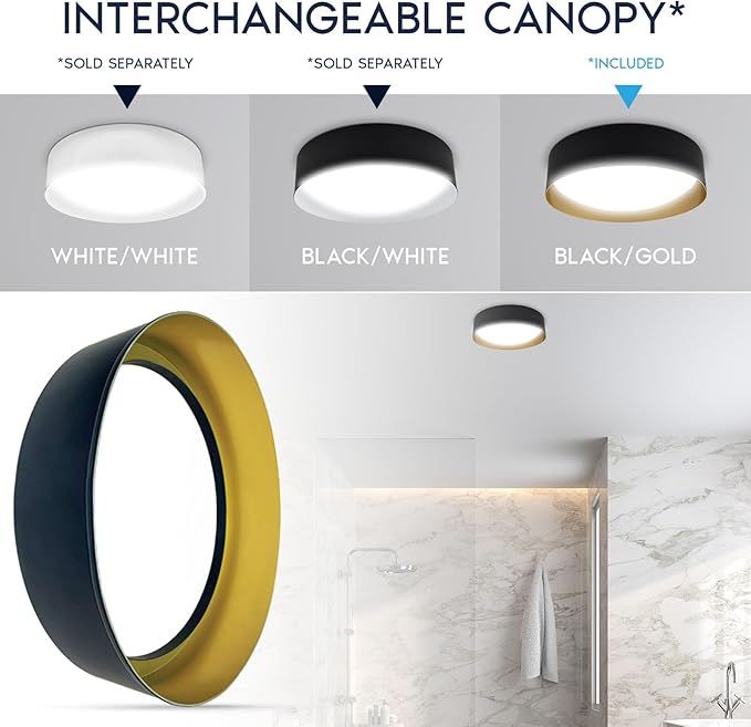 LUXRITE 17-Inch LED Flush Mount Ceiling Light, 5CCT Selectable 2700K–5000K, 2420 Lumens, 34W, CRI 90, Dimmable, Damp Rated, Decorative Flush Mount with Interchangeable Canopy - Black & Gold Finish