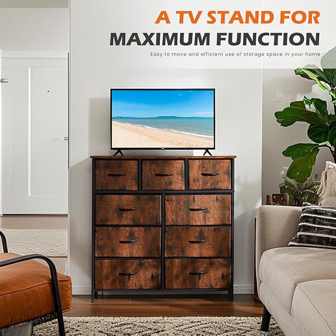 Sweetcrispy Dresser with 9 Drawers for Bedroom, Fabric Dresser Storage Tower, Chest of Drawers Organizer Unit, Storage Cabinet for Hallway, Closets, Steel Frame, Wood Top