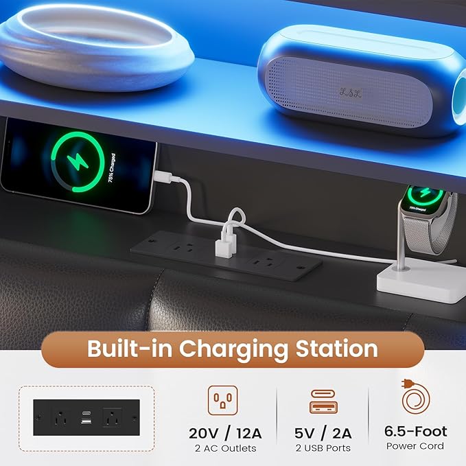 AOGLLATI Full Bed Frame with Stylish Bookcase Headboard & Charging Station & LED Lights,Full Size Bed Frame with 4 Storage Drawers and Metal Slats, No Box Spring Needed,Black