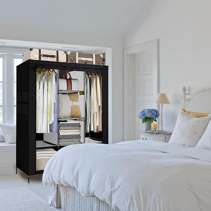 PLKO Portable Closet, Wardrobe Closet Organizer,Portable Clothes Closet Rolling Door Wardrobe with Black Oxford Fabric Cover for Bedroom, (Black)