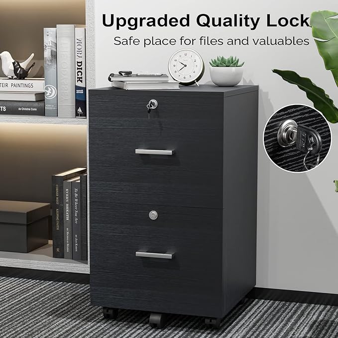 VINGLI 2-Drawer File Cabinet with Lock, Small Rolling Wood Filing Cabinet for Hanging Letter Size Filings with Tabs, Mobile Under Desk File Organizer for Home Office, Classic Black, 27.2" H