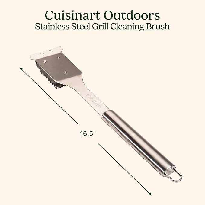 Cuisinart Stainless Steel 16.5" Long Handle Grill Cleaner Brush and Scraper for BBQ, Griddle, Grills, Cookout Tool, Grill Brush for Outdoor Grills BBQ Accessories