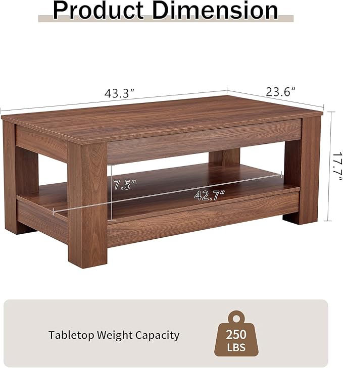 43.3" Coffee Table with Storage, 2-Tier Mid Century Rectangular Accent Table with Thick Tabletop, Rustic Style Cocktail, Center Table for Living Room, Office, Apartment (Walnut)