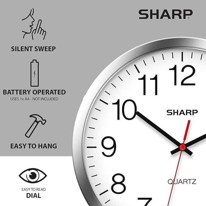 Sharp Wall Clock – Silver/Chrome, Silent Non Ticking 10 Inch Quality Quartz Battery Operated Round Easy to Read Home/Kitchen/Office/Classroom/School Clocks, Sweep Movement