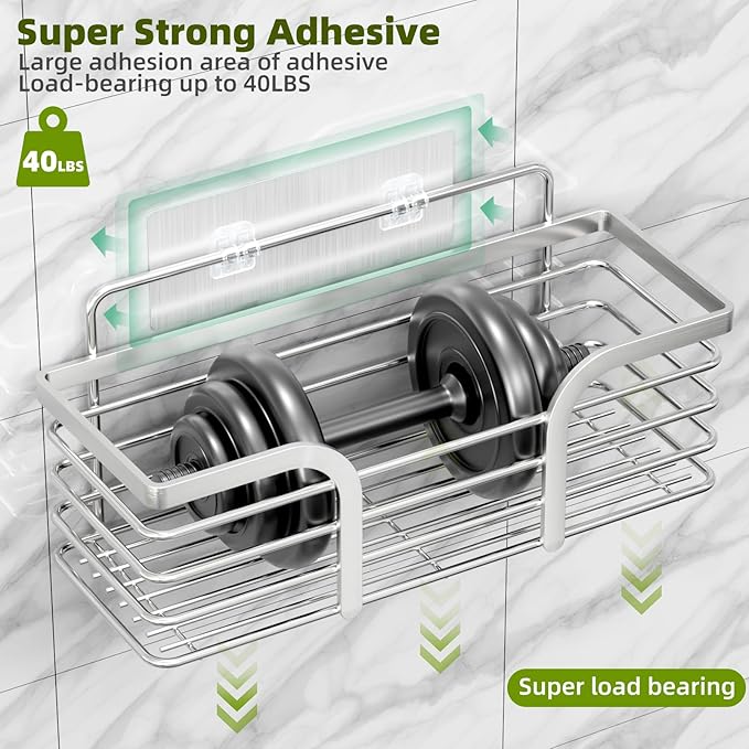 Yougai Shower Caddy Shower Shelf with Soap Dish and 4 Hooks, SUS304 Stainless Steel Shampoo Holder Bathroom Shower Organizer No Drilling Adhesive Wall Mounted Storage Shelves Basket Accessories-3 Pack