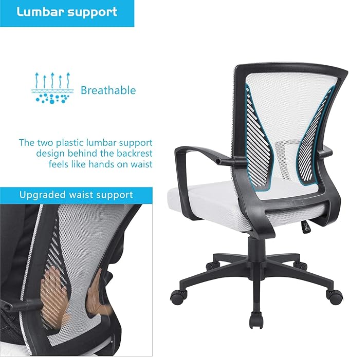 Furmax Office Chair Ergonomic Computer Desk Mesh Chair Mid Back Swivel Lumbar Support with Armrest (2, White)