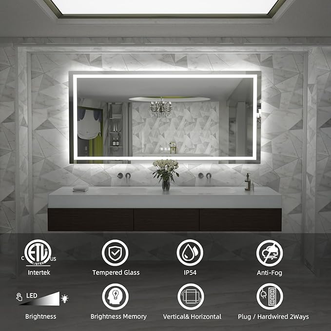 LED Mirror for Bathroom, 72x40 Inch Backlit + Front Lighted Bathroom Vanity Mirror with Lights for Wall, Double Light Strips, 3 Colors, Shatter-Proof, Anti-Fog and Brightness Memory