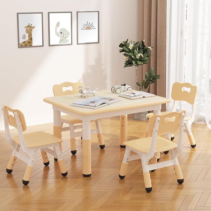 GAOMON Kids Table and 4 Chairs Set, Height Adjustable Toddler Table and Chairs Set for Ages 2-10, Graffiti Desktop, Non-Slip Legs, Children Table for Daycare Home