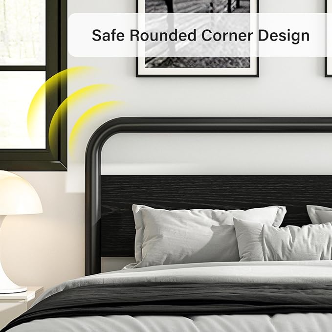 Catrimown Twin Size Bed Frame with LED Lights, Twin Size Platform Bed Frame with Under Bed Storage, Heavy Duty Metal Rustic Bed Frame with Wood Headboard, Noise Free, No Box Spring Needed, Black