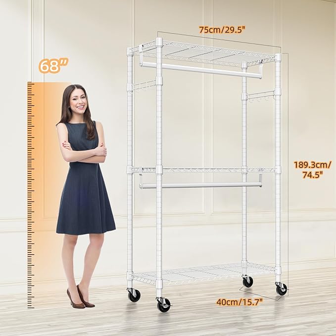 Heavy Duty Rolling Garment Rack 3 Tiers Adjustable Wire Shelving Clothes Rack with 2 Rods and Side Hooks,Storage Closet Clothing Rack with Wheels White 15.7" D x 29.5" W x 74.5" H