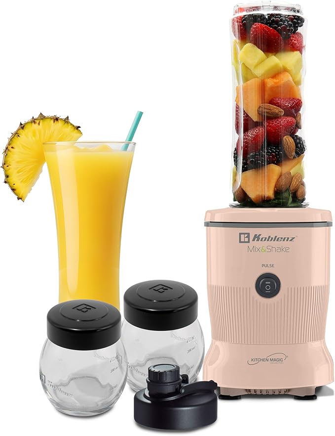 Koblenz Mix&Shake Blender, 20 oz Portable Blender, 600W Motor, Pulse, ON/OFF, Stainless Steel Blades, Shakes, Sauces, Smoothie Maker, (1) 20 oz To-Go Bottle, (2) 10 oz Glass Jars, Pink, MSKM-600 2PS
