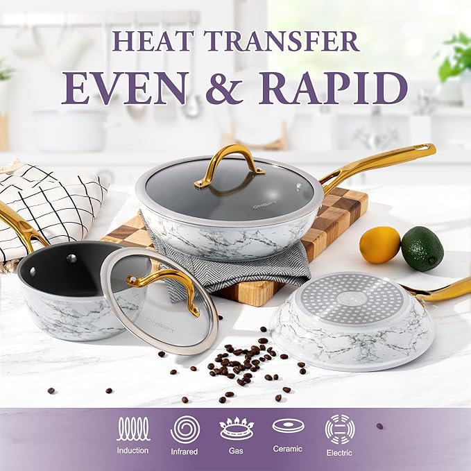 Frying Pan Nonstick, 10 Inch Skillet Easy to Clean, Kitchen Fry Pan without PTFE & PFOA, Compatible with All Stovetops, Lightweight and Durable, Marble White