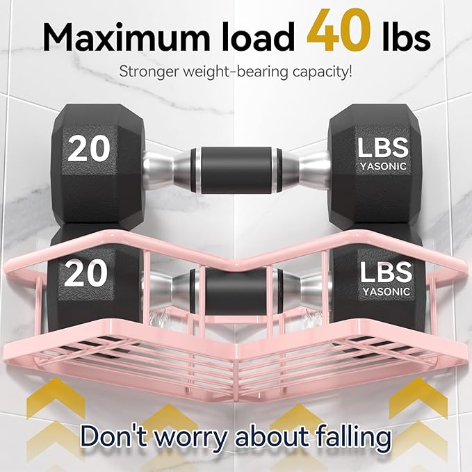 YASONIC Corner Shower Caddy Organizer, 3-Pack Self-Adhesive Rustproof Bath Shelves with Soap Holder & 4 Hooks, Large Capacity Shower Storage Rack for Bathroom Organization, Pink