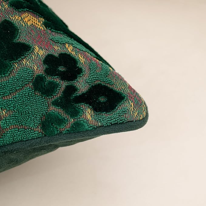 Alerfa Boho Green Floral Throw Pillow Cover 20x20 Inch Cut Velvet Sqaure Luxury Embroidered Decorative Pillow Cover for Couch Living Room Bedroom