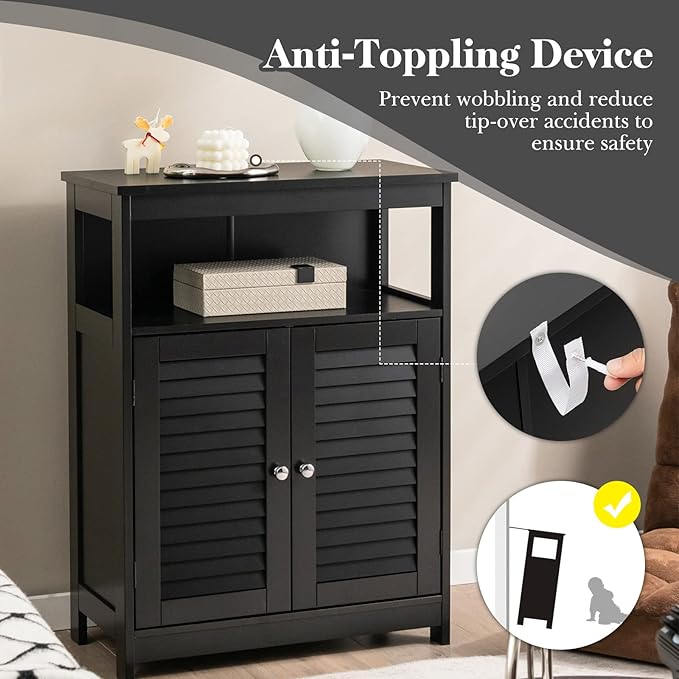 GLACER Bathroom Floor Cabinet, Wooden Storage Cabinet with Double Shutter Doors & 3-Position Adjustable Shelf, Side Storage Organizer, 23.5 x 12 x 31.5 inches (Black)