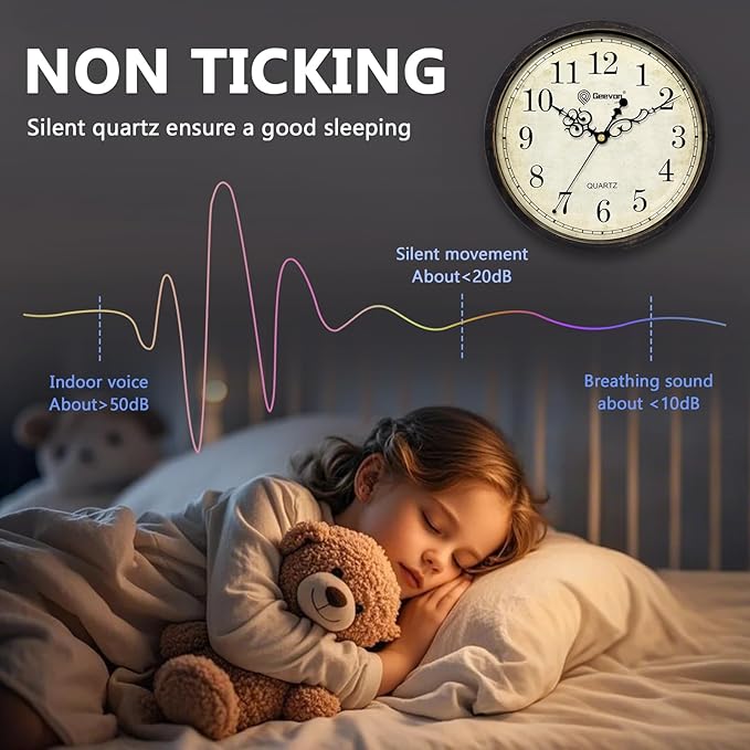 Geevon Vintage Wall Clock 10" Silent Non-Ticking Retro Round Quartz Battery Operated Decorative Clock for Kitchen, Living Room, Bedroom, Office, Classroom