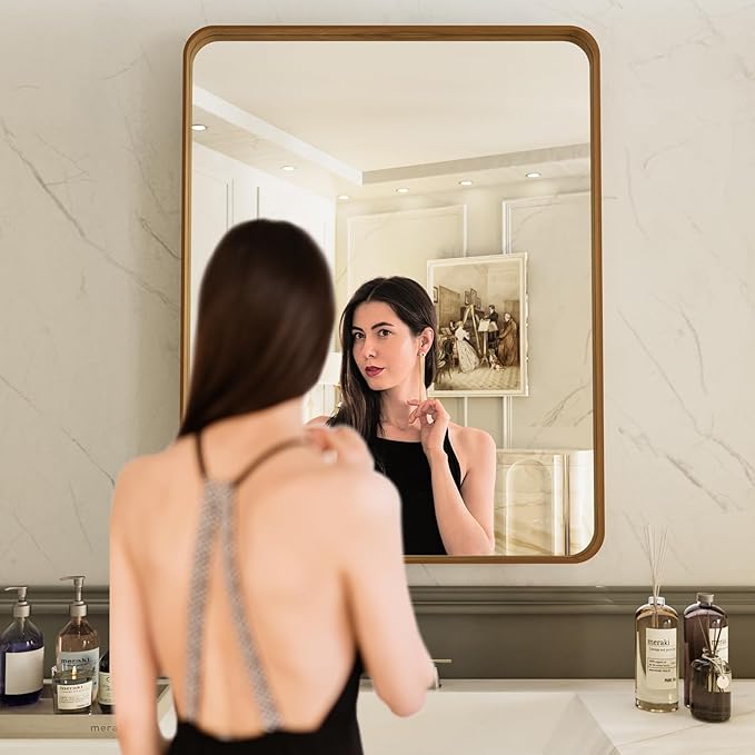 LOAAO 30X36 Inch Bathroom Mirror with Wood Grain Colored Metal Frame, Rounded Rectangle Metal Framed Bathroom Mirror, Anti-Rust, Hangs Horizontally or Vertically, Tempered Glass