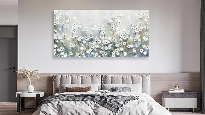NINEASO Abstract Flowers Canvas Wall Art - Elegant Daisy Pictures White Yellow Wildflower Wall Decor Modern Botanical Painting Print Artwork for Living Room Bedroom Home Office Decor 29" x 58"