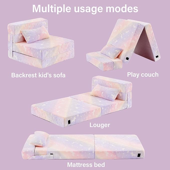 Folding Sofa Bed Floor Mattress for Kids with Pillow, Toddler Washable Folding Floor Nap Mat Futon, Child Fold Up Sofa Chair Bed with Storage Bag for Girls and Boys